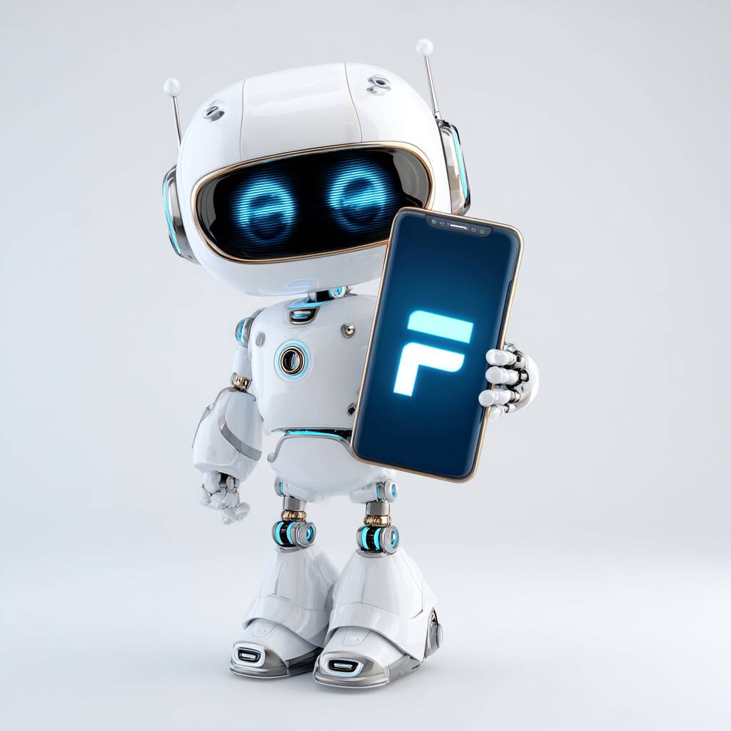 A friendly cartoon robot holding a smartphone that displays the FBajee app logo.