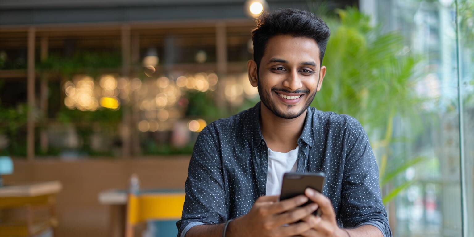 A young Bangladeshi man smiling while using the FBajee app on his smartphone in a modern cafe.