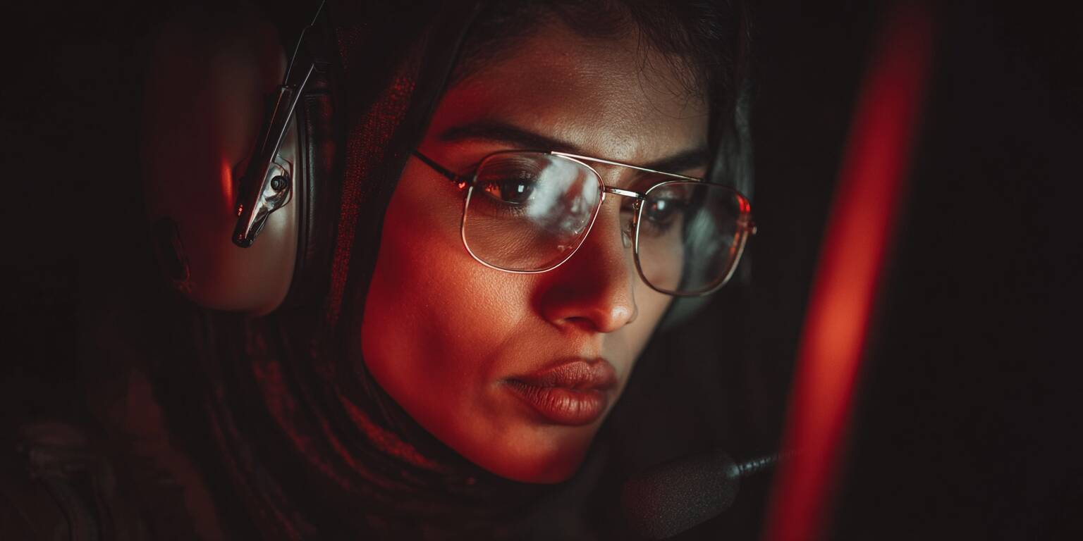 A young Bangladeshi woman looking intently at her laptop screen, which shows the Aviator game in action.