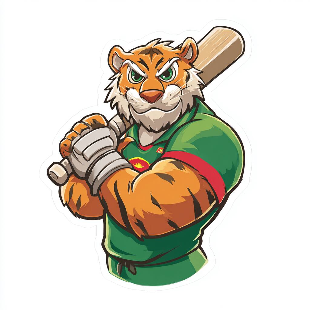 A cool cartoon Bengal tiger wearing a cricket jersey and holding a bat, representing the FBajee sports betting section.
