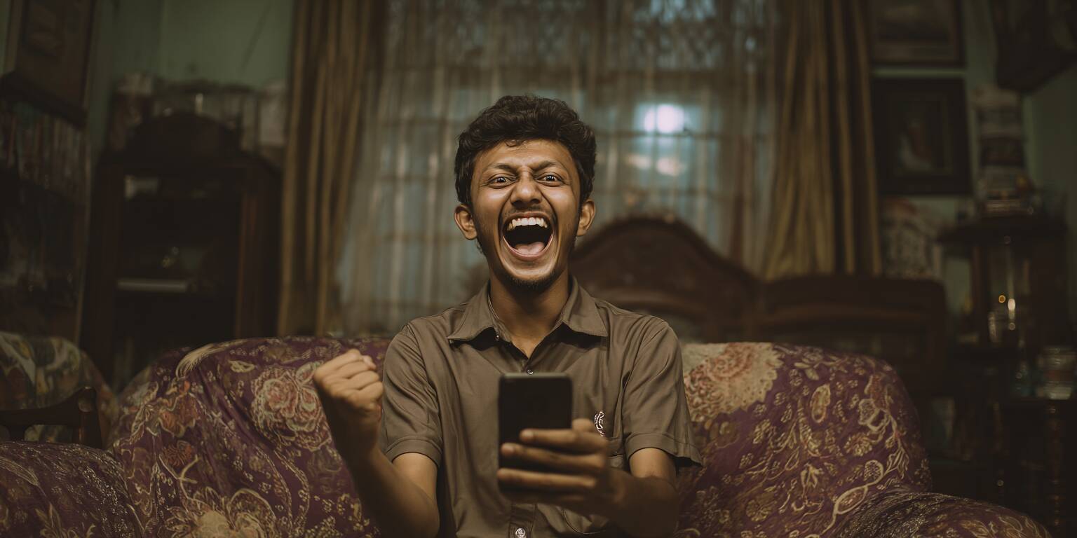 A young man in Bangladesh cheering excitedly while watching a cricket match on TV and checking his bet on the F Bajee website on his phone.