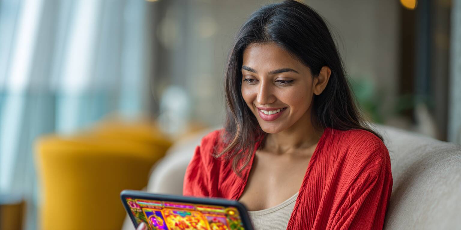 A beautiful young Bangladeshi woman smiling as she plays a casino game on her tablet.