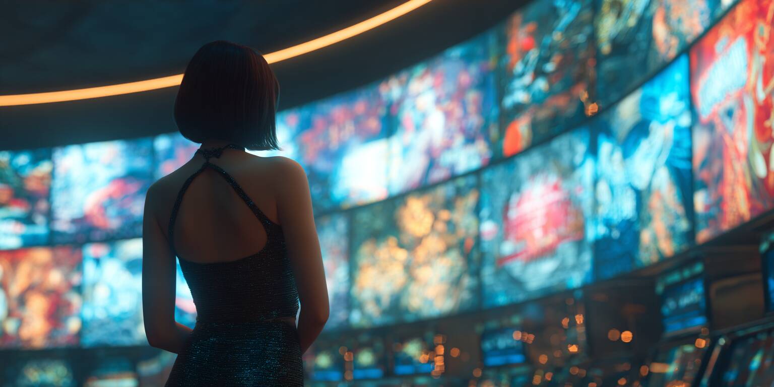 A stylish young woman pointing excitedly at a large screen showcasing the vibrant FBajee slots lobby.