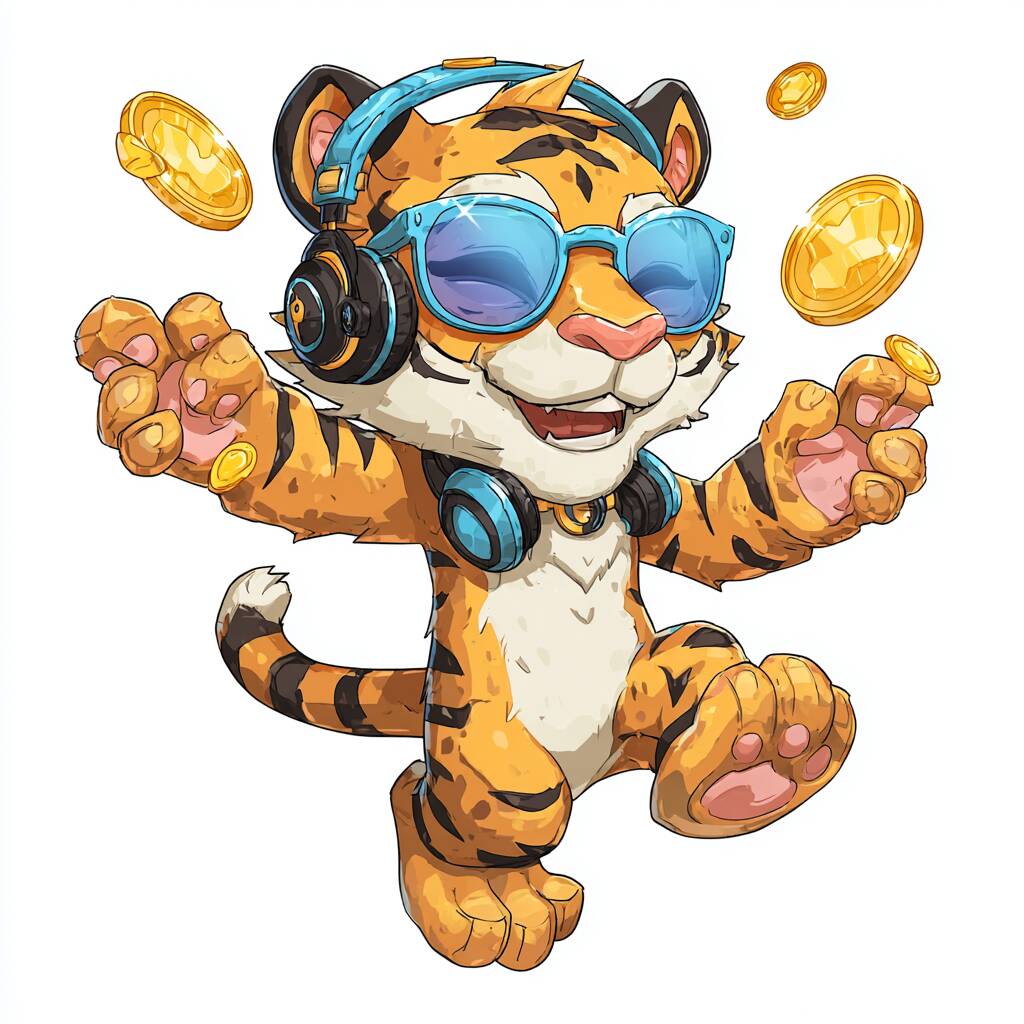 A fun cartoon Bengal tiger, the mascot for FBajee casino, wearing a gamer headset and winking.