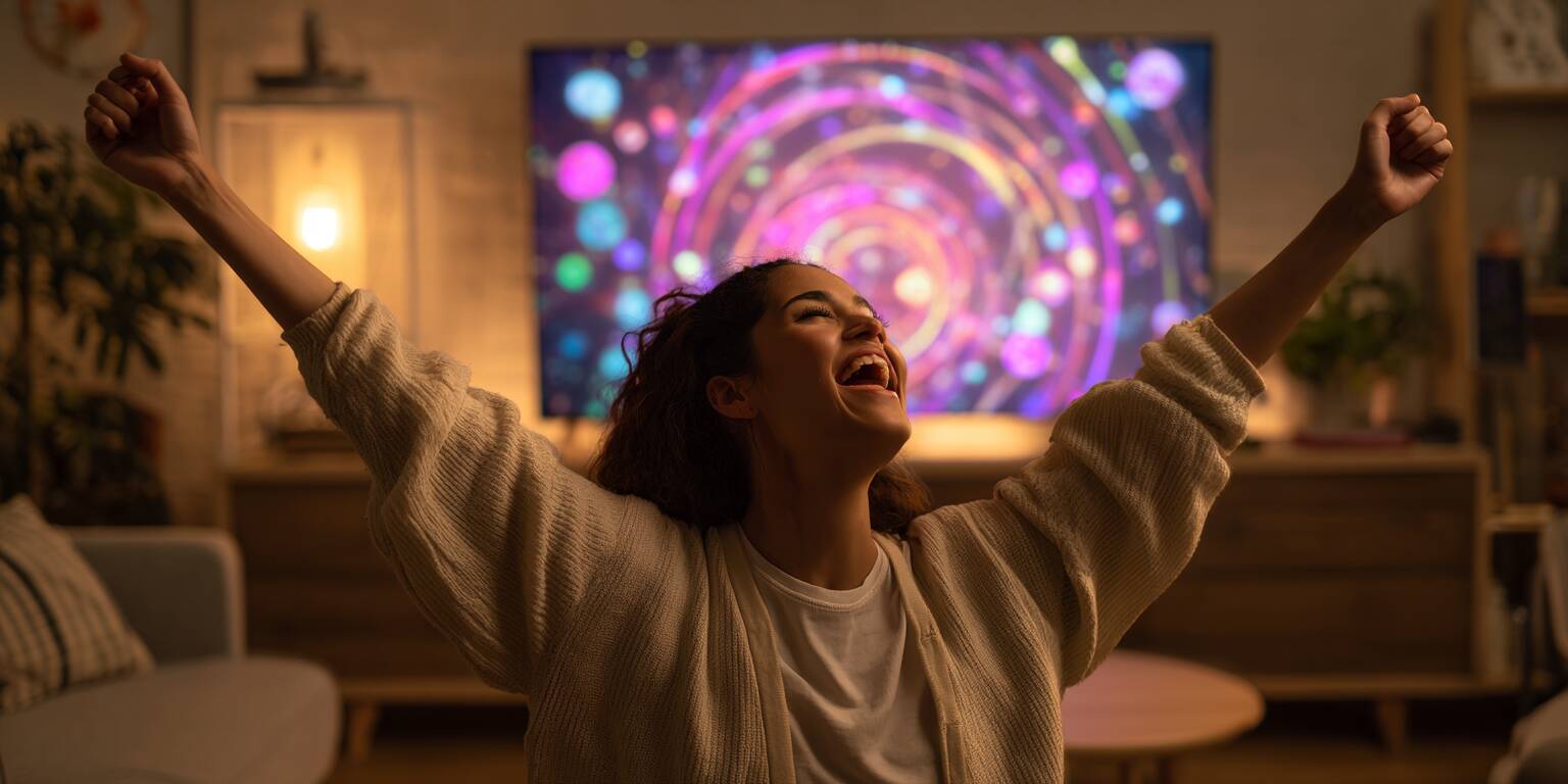 A beautiful young woman from Bangladesh celebrating as she watches the Crazy Time bonus round on her tablet.