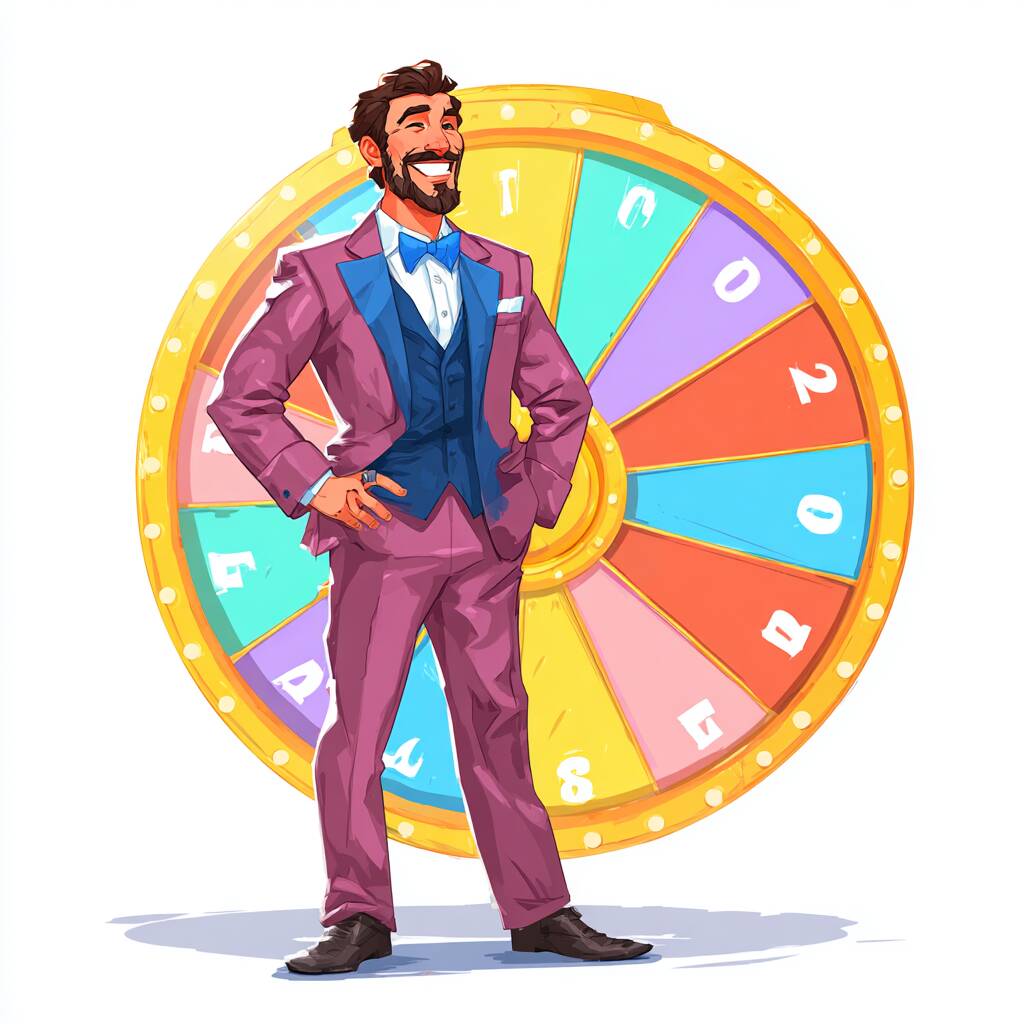 A charismatic cartoon game show host in a colorful suit, standing in front of the Crazy Time wheel.