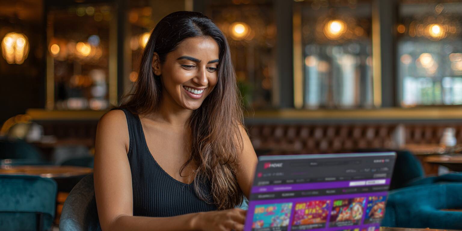 A young Bangladeshi woman smiling and looking at her laptop, which displays the main game categories of the FBajee website.