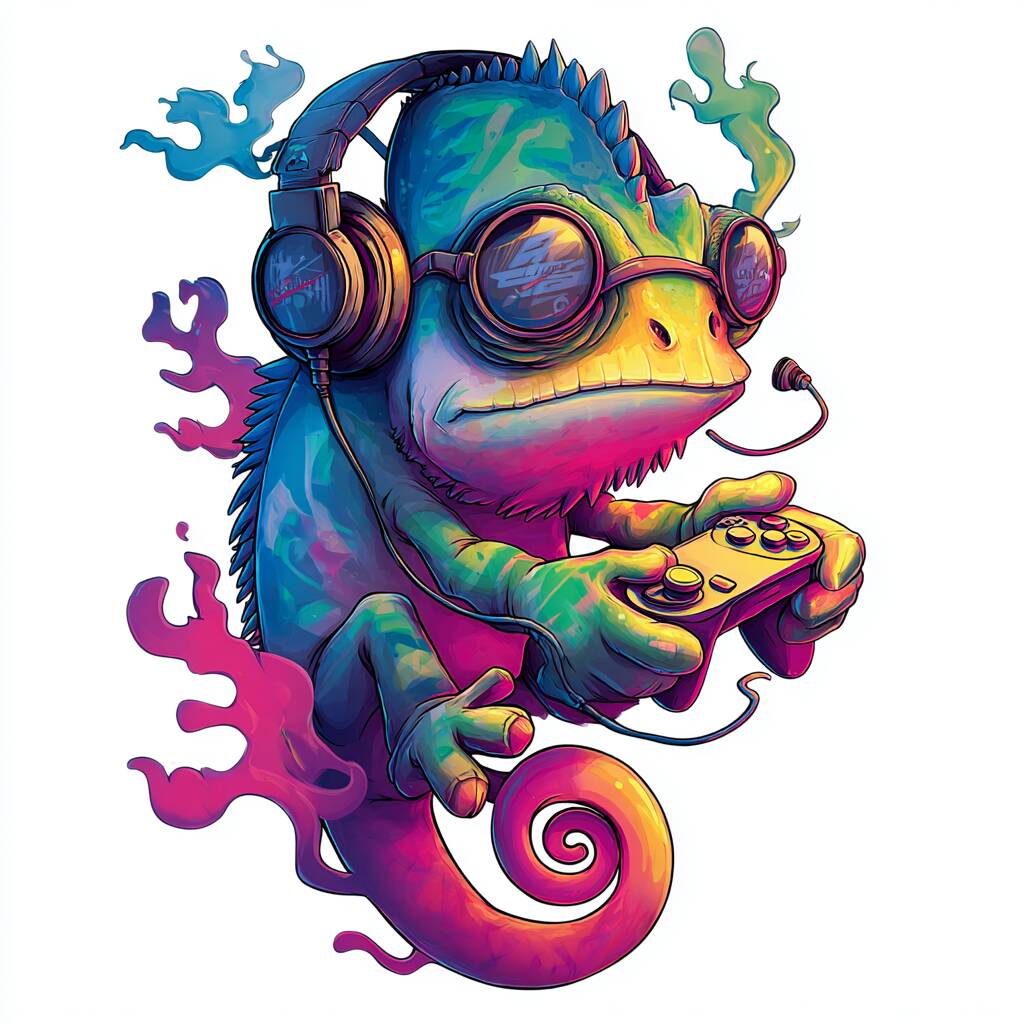 A cool cartoon chameleon character holding a gaming controller and wearing sunglasses, representing the variety of games at FBajee.