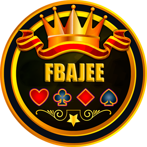 A fun cartoon mascot for the FBajee casino, designed in a playful style, surrounded by floating gold coins and casino chips.