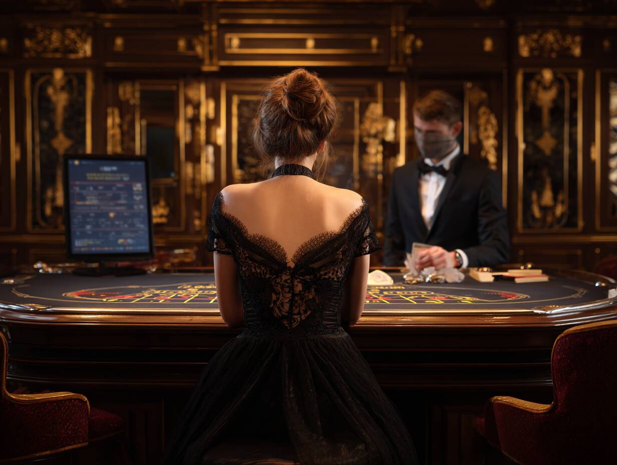 An elegant live dealer at an F Bajee blackjack table, interacting with online players.
