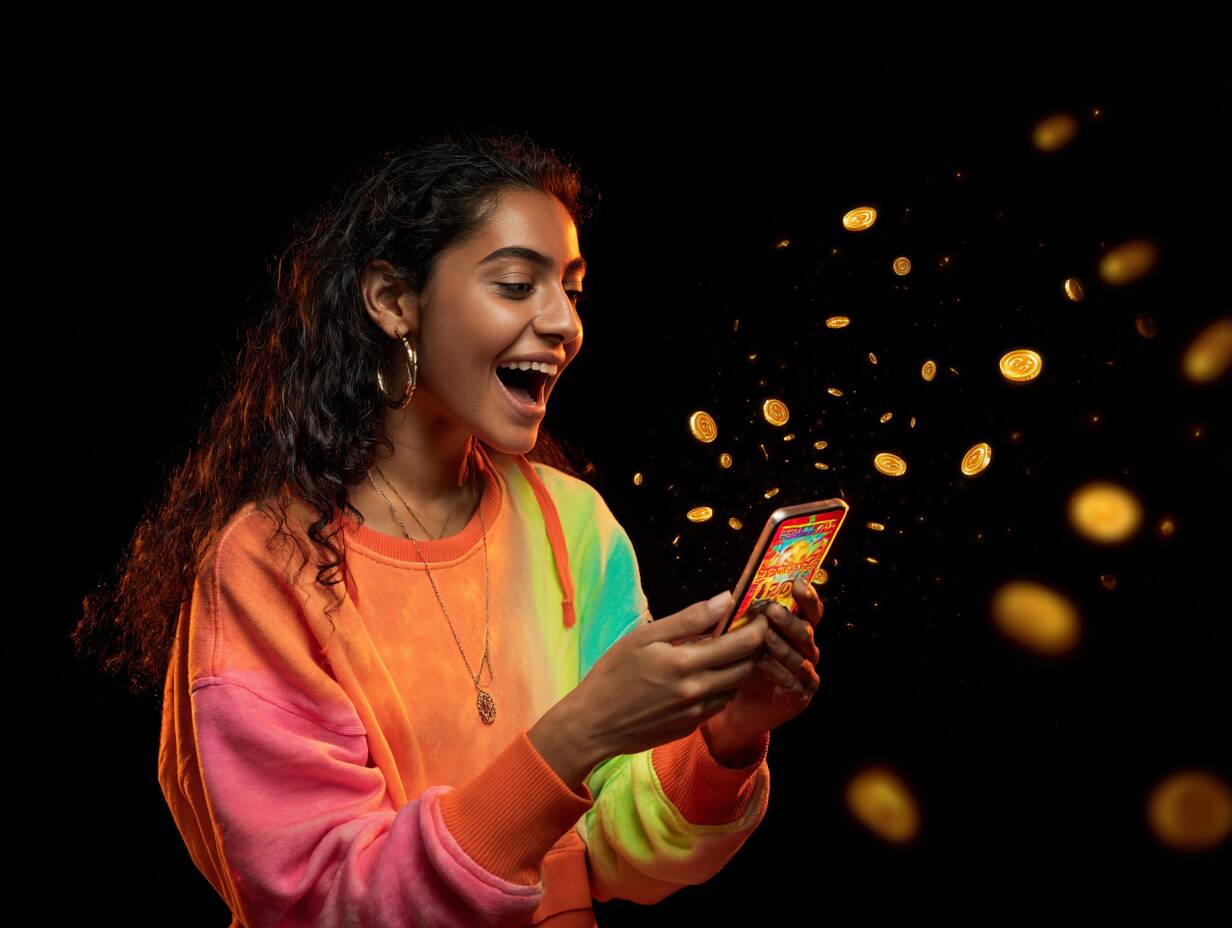 A Bangladeshi player celebrating a win on a vibrant slot game on the FBajee platform.