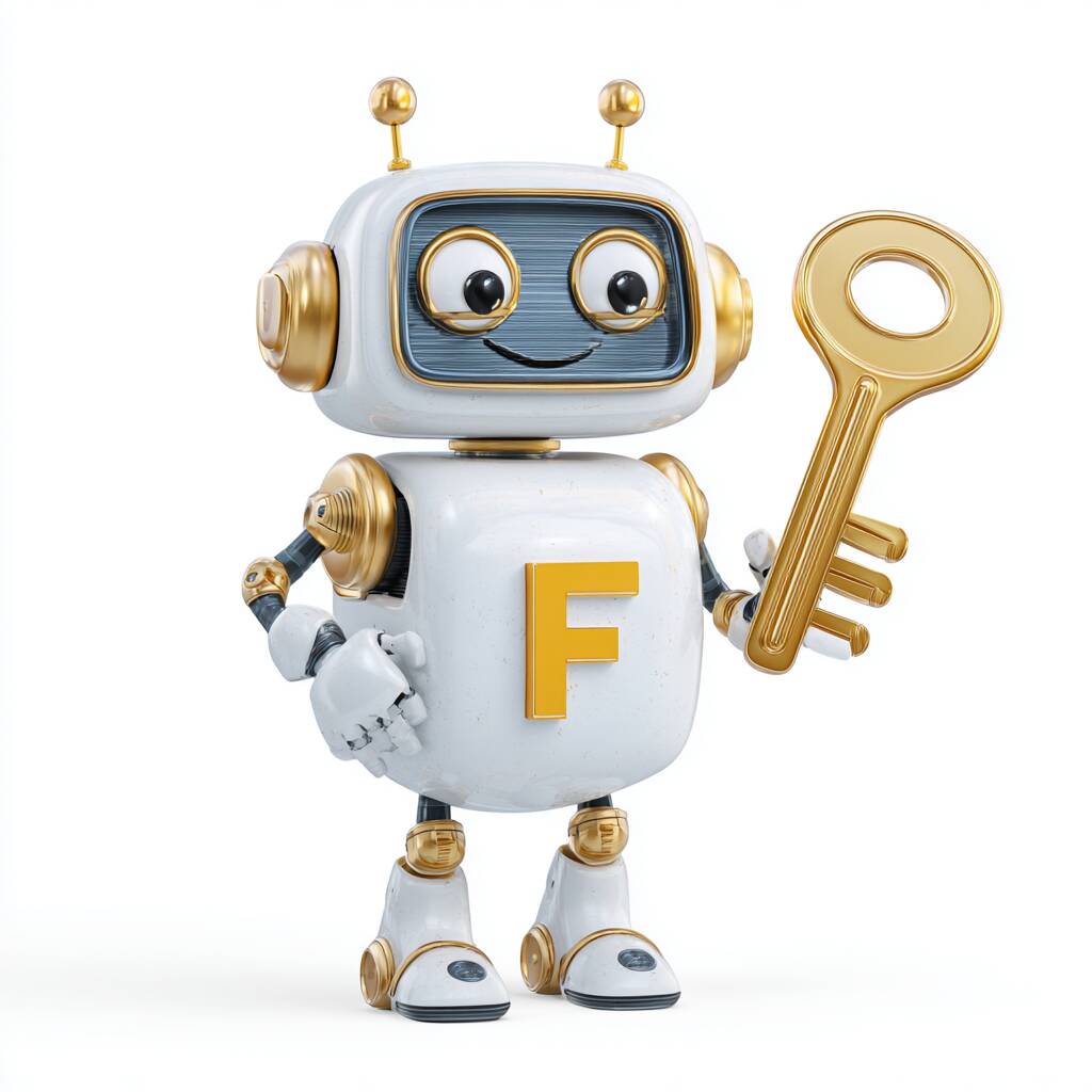 A friendly cartoon robot character holding a large, secure key, representing safe account login at FBajee.