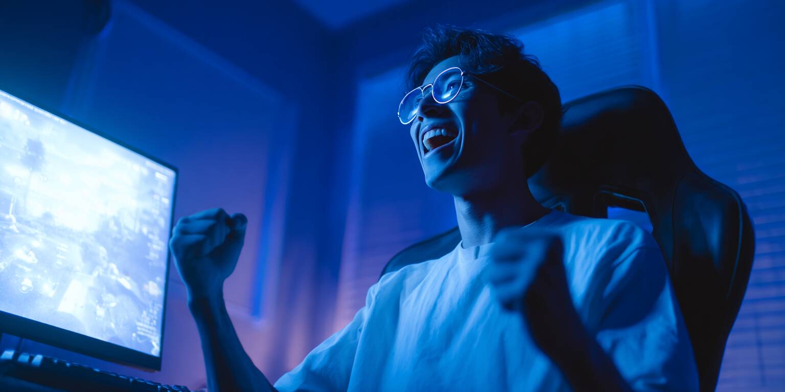 A young man from Bangladesh playing the Lucky Jet game on his computer in a stylish, modern room.