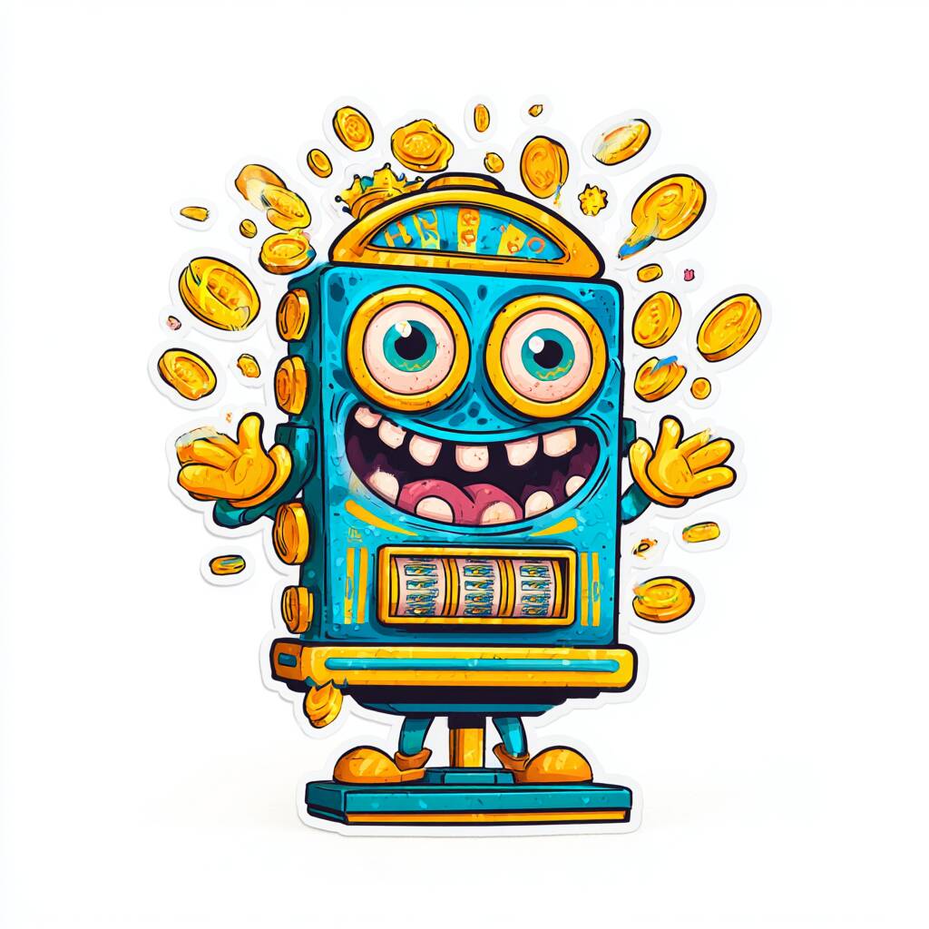 A cheerful cartoon slot machine character with golden coins flying out, representing the FBajee slots section.