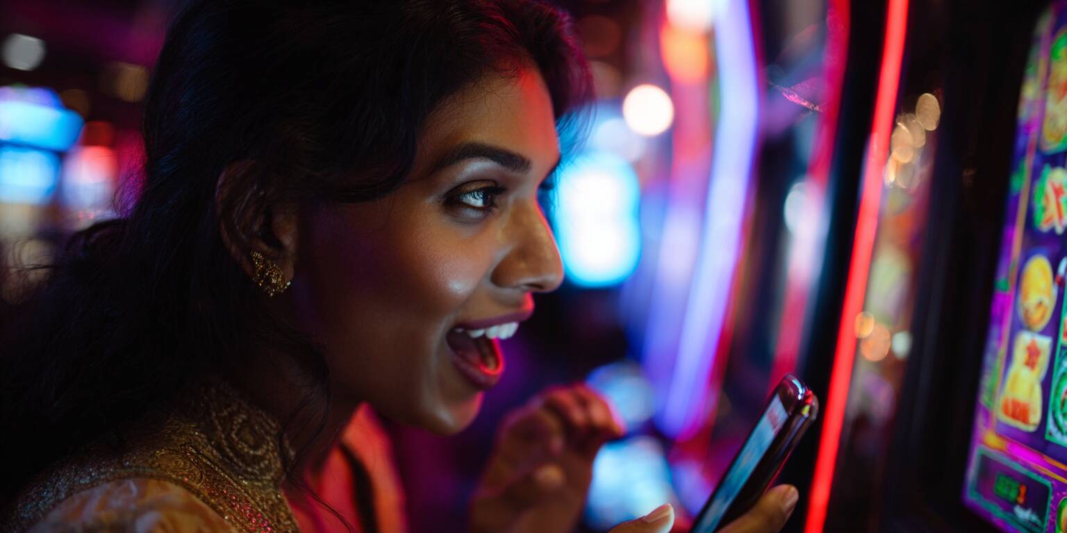 A beautiful young woman from Bangladesh looking thrilled as she plays a jackpot slot game on her phone.
